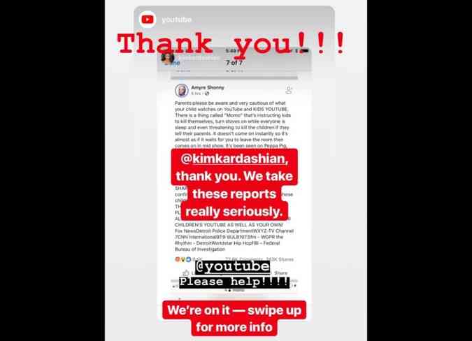 Kim Kardashian usou o Instagram para denunciar o desafio da Momo que estaria levando as crianas a se mutilarem e at a se matarem(foto: Instagram/kimkardashian/Reproduo)