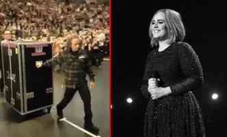 A cantora Adele est se escondendo dentro de uma caixa preta (esq.) para chegar aos palcos sem vista pelos fs, em algumas de suas apresentaes(foto: YouTube/Mumu Entanga/Reproduo e Instagram/adele/Reproduo)