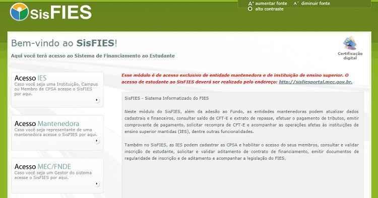 Sisfies.mec.gov.br/Reprodução Sisfies.mec.gov.br/Reprodução